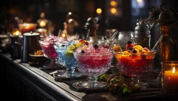 ai gerado Boate celebração coquetel vidro, fruta decoração, multi colori martini, refrescante beber gerado de ai foto