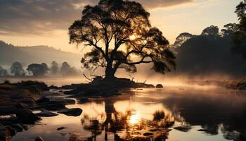 ai gerado tranquilo pôr do sol silhueta reflete em água, natureza sereno beleza gerado de ai foto