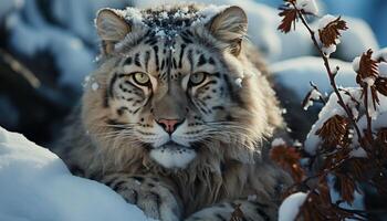 ai gerado majestoso neve leopardo olhando fixamente, beleza dentro natureza, tranquilo região selvagem gerado de ai foto