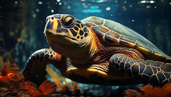 ai gerado uma fofa tartaruga natação dentro a azul embaixo da agua beleza gerado de ai foto