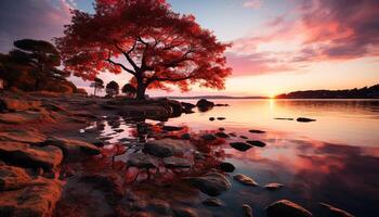 ai gerado tranquilo pôr do sol reflete beleza dentro natureza, sereno água e panorama gerado de ai foto