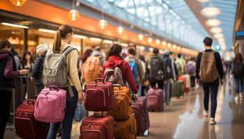 ai gerado turistas esperando, lotado estação, bagagem, jornada, o negócio viagem, Férias gerado de ai foto