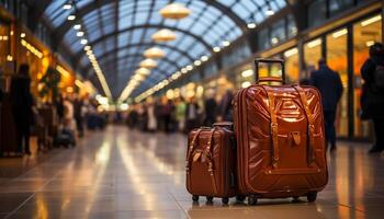 ai gerado turista esperando, lotado aeroporto terminal, moderno arquitetura, o negócio viagem gerado de ai foto