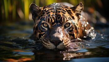 ai gerado Bengala tigre, majestoso e bonitinho, encarando dentro tranquilo floresta tropical gerado de ai foto