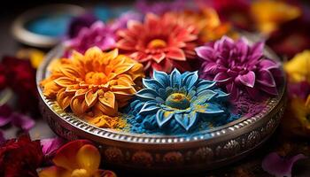 ai gerado uma colorida coleção do flores dentro uma roxa vaso gerado de ai foto