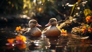 ai gerado Pato bico reflete beleza dentro natureza, cercado de água gerado de ai foto