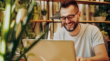 ai gerado sorridente homem dentro frente do computador portátil trabalhando on-line. generativo ai. foto