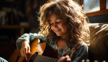 ai gerado sorridente menina jogando guitarra, desfrutando infância música dentro de casa gerado de ai foto