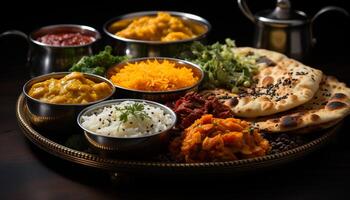 ai gerado saudável refeição grelhado carne, vegetal Curry, basmati arroz, naan pão gerado de ai foto