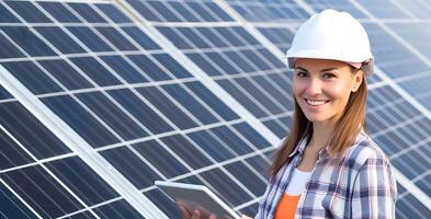 ai gerado mulher dentro Difícil chapéu em pé dentro frente do solar painel. generativo ai. foto