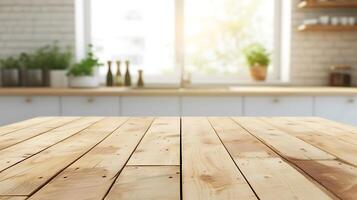 ai gerado ensolarado moderno cozinha com esvaziar de madeira mesa. generativo ai. foto