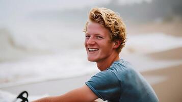 ai gerado sorridente homem sentado em prancha de surfe. generativo ai. foto