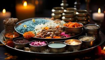 ai gerado multi colori velas queimando, iluminador uma espiritual hindu celebração refeição gerado de ai foto