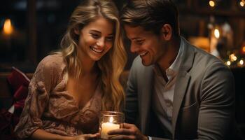 ai gerado jovem casal sentado dentro de casa, desfrutando uma luz de velas noite juntos gerado de ai foto
