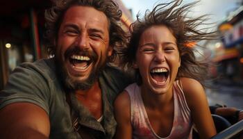 ai gerado jovem casal desfrutando uma despreocupado verão, rindo e sorridente juntos gerado de ai foto