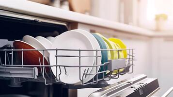 ai gerado lava-louças preenchidas com pratos dentro uma cozinha. generativo ai. foto
