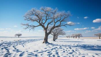 ai gerado tranquilo inverno panorama azul céu, Nevado Prado, solitário árvore gerado de ai foto