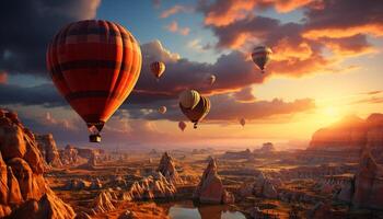 ai gerado quente ar balão vôo sobre montanha panorama às pôr do sol gerado de ai foto