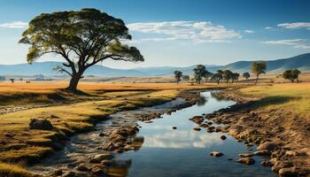 ai gerado pôr do sol sobre africano savana, tranquilo cena com árvore e Relva gerado de ai foto