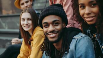 ai gerado grupo do jovem pessoas sentado junto. generativo ai. foto