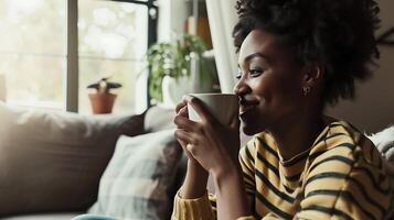 ai gerado mulher sentado em sofá com café copo. generativo ai. foto