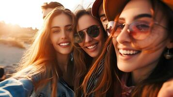 ai gerado grupo do jovem mulheres levando uma selfie. generativo ai. foto