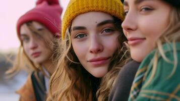 ai gerado três jovem mulheres vestindo inverno chapéus e lenços. generativo ai. foto