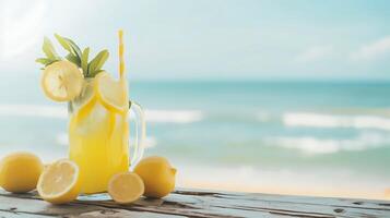 ai gerado refrescante limonada em de madeira mesa. generativo ai. foto