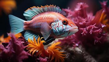 ai gerado colorida palhaço peixe natação dentro uma vibrante embaixo da agua recife gerado de ai foto