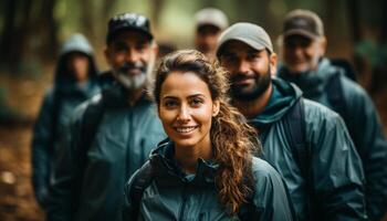 ai gerado grupo do jovem adultos caminhada dentro natureza, sorridente e olhando às Câmera gerado de ai foto