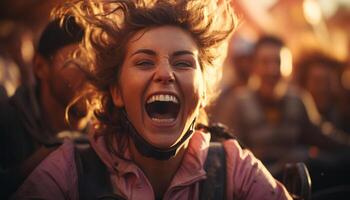 ai gerado jovem adultos sorridente, felicidade, mulheres tendo Diversão ao ar livre, adulto homens alegre, desfrutando a celebração, gerado de ai foto