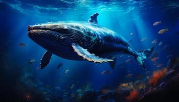 ai gerado corcunda Tygaglia exúvia. corcunda baleia e pequeno peixe dentro a lindo mar embaixo da agua. archivio fotografico foto