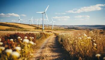 ai gerado vento turbinas girando dentro uma linha, energizando verde indústria eficientemente gerado de ai foto
