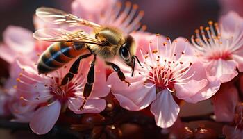 ai gerado ocupado querida abelha polinizando uma vibrante amarelo flor ao ar livre gerado de ai foto