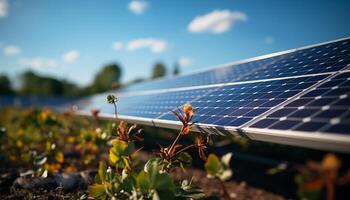 ai gerado solar painel gera eletricidade a partir de luz solar, energizando sustentável indústria ao ar livre gerado de ai foto