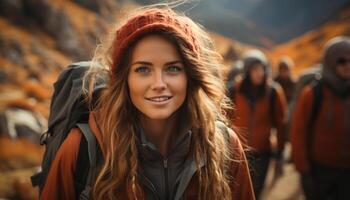ai gerado jovem mulher caminhada dentro a outono floresta, sorridente e olhando às Câmera gerado de ai foto