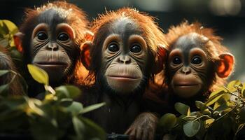 ai gerado fofa macaco família dentro a tropical floresta tropical, olhando às Câmera gerado de ai foto