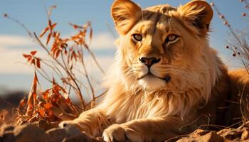 ai gerado majestoso leoa em repouso dentro a grama, alerta olhando às Câmera gerado de ai foto