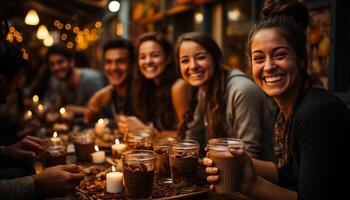 ai gerado uma grupo do jovem adultos desfrutando uma alegre noite Fora gerado de ai foto