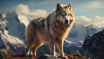 ai gerado majestoso Lobo dentro ártico paisagem, assistindo natureza beleza gerado de ai foto
