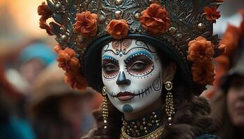 ai gerado colorida tradicional festival comemora indígena cultura com ornamentado fantasias e máscaras gerado de ai foto