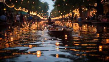 ai gerado período noturno barco a vela ilumina tranquilo cidade beira-mar dentro verão celebração gerado de ai foto