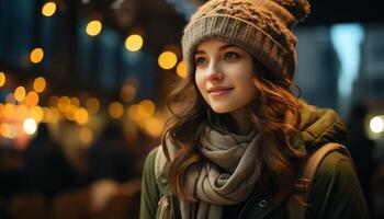 ai gerado jovem mulher sorridente ao ar livre dentro inverno, iluminado de Natal luzes gerado de ai foto