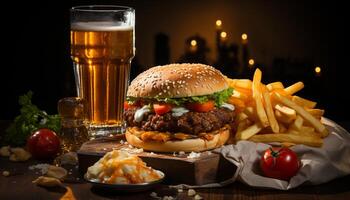 ai gerado gourmet hamburguer refeição carne bovina, queijo, fritas, grelhado, tomate, beber gerado de ai foto