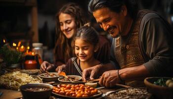 ai gerado família sorridente, União, desfrutando uma festivo refeição dentro acolhedor cozinha gerado de ai foto