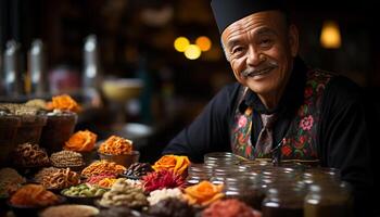 ai gerado uma alegre Senior homem vendendo comida, com confiança olhando às Câmera gerado de ai foto