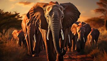ai gerado elefantes vaguear livremente dentro a africano savana às pôr do sol gerado de ai foto
