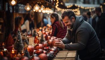 ai gerado família a comemorar Natal com decorações, luzes, e alegre união gerado de ai foto