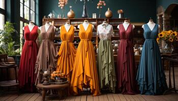 ai gerado moda boutique exibindo elegante roupas coleção para mulheres dentro moderno loja gerado de ai foto