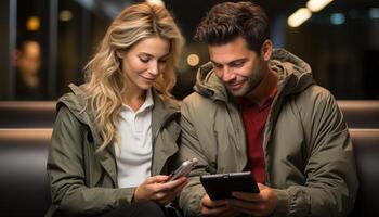 ai gerado jovem adulto casal sentado ao ar livre, sorridente, segurando Móvel telefones, mensagens de texto gerado de ai foto